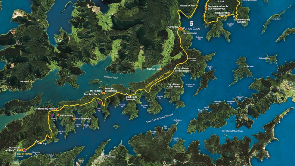 A map of the Queen Charlotte Sound/Tōtaranui including the Queen Charlotte Track, accommodation and Cougar Line passenger drop-off points in the Marlborough Sounds, New Zealand.