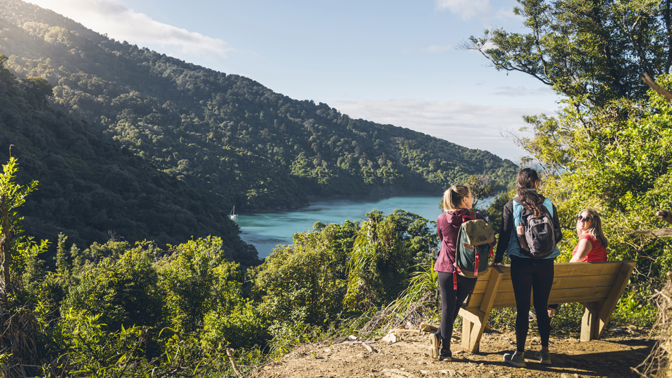 Three woman walkers look out over Ship Cove/Meretoto on the Queen Charlotte Track.