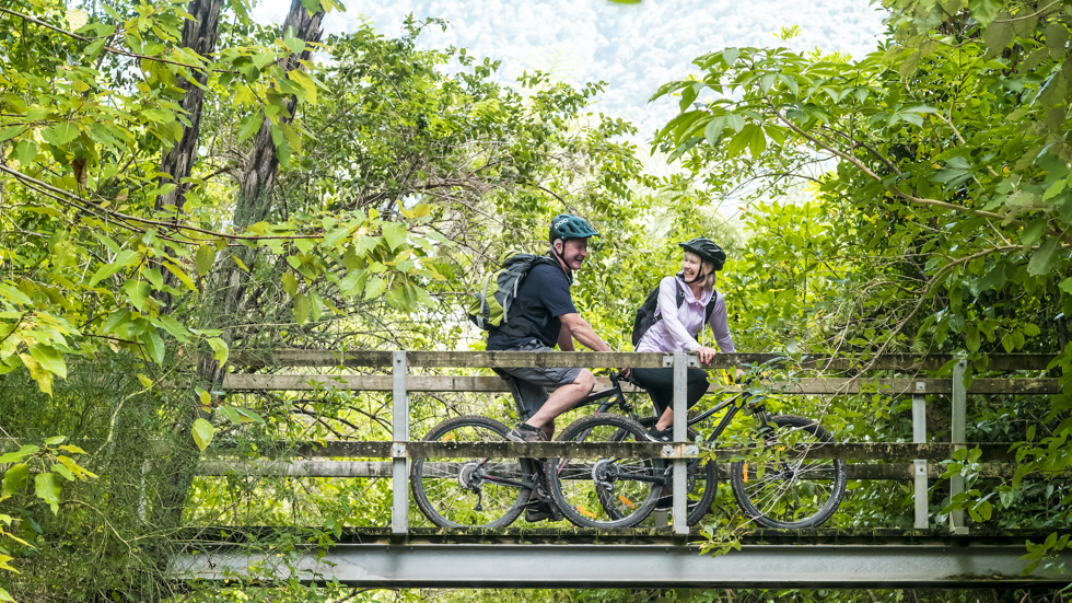 A male and female cyclist bike over a wooden bridge on the Queen Charlotte Track.