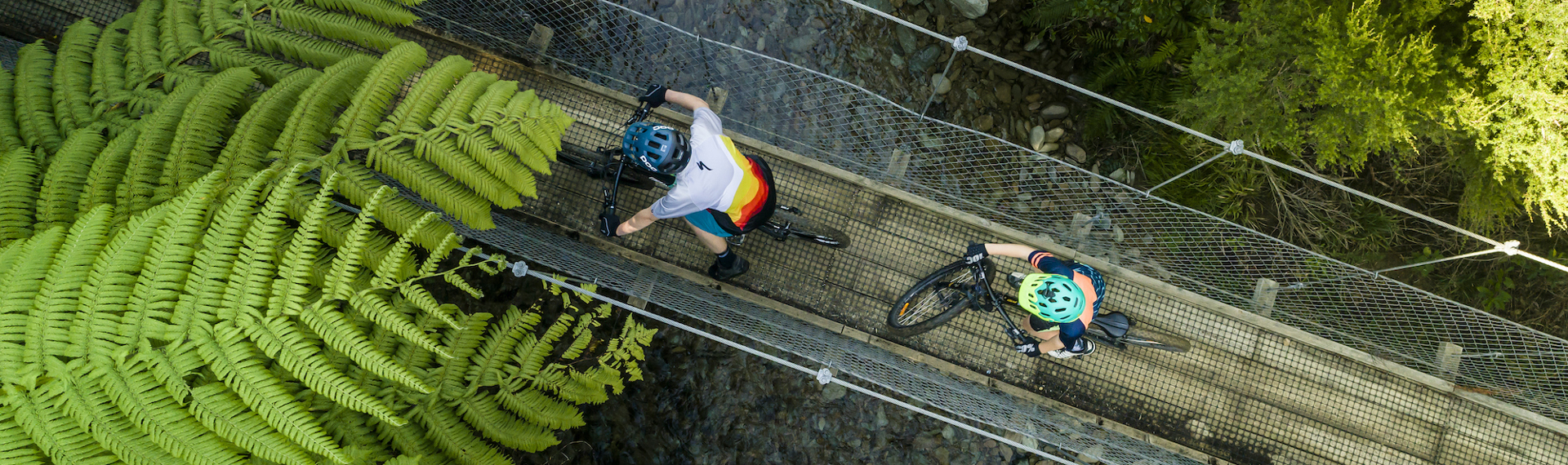 Aerial shot of two boys biking over a swingbridge on the Queen Charlotte Track.