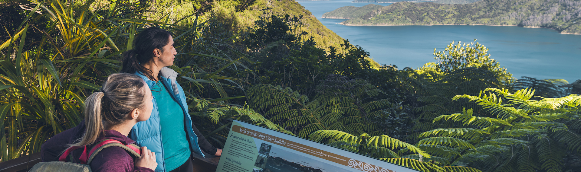 Two women walkers stand at a lookout on the Queen Charlotte Track looking over Resolution Bay.